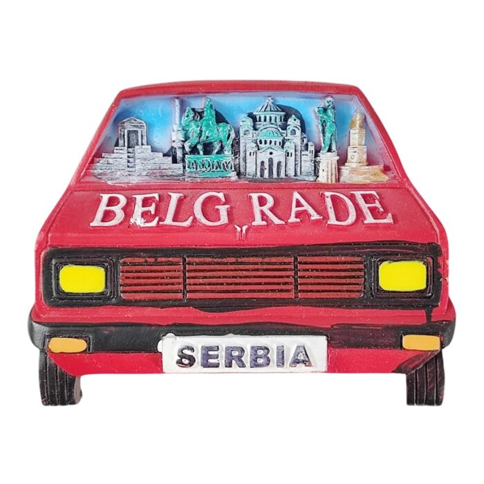 belgrade serbia fridge magnet – red car design with iconic city landmarks travel gift for road trip fans