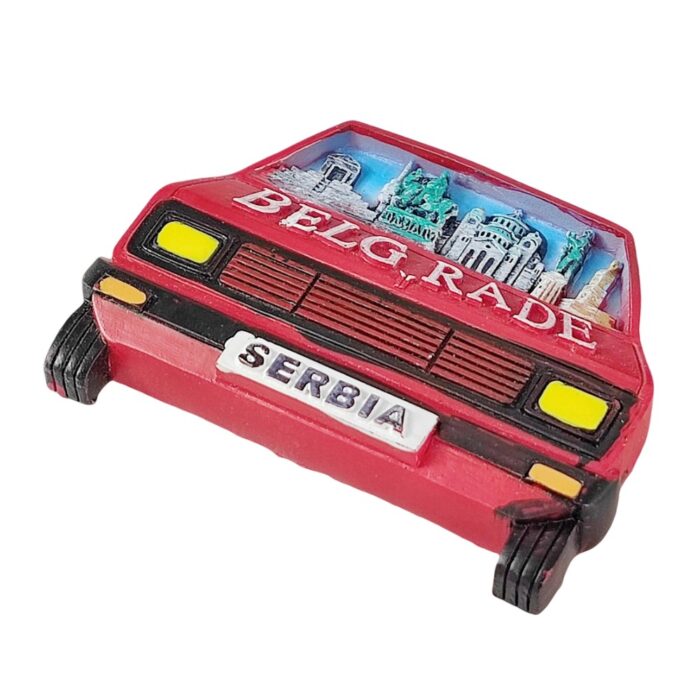 belgrade serbia fridge magnet – red car design with iconic city landmarks travel gift for road trip fans
