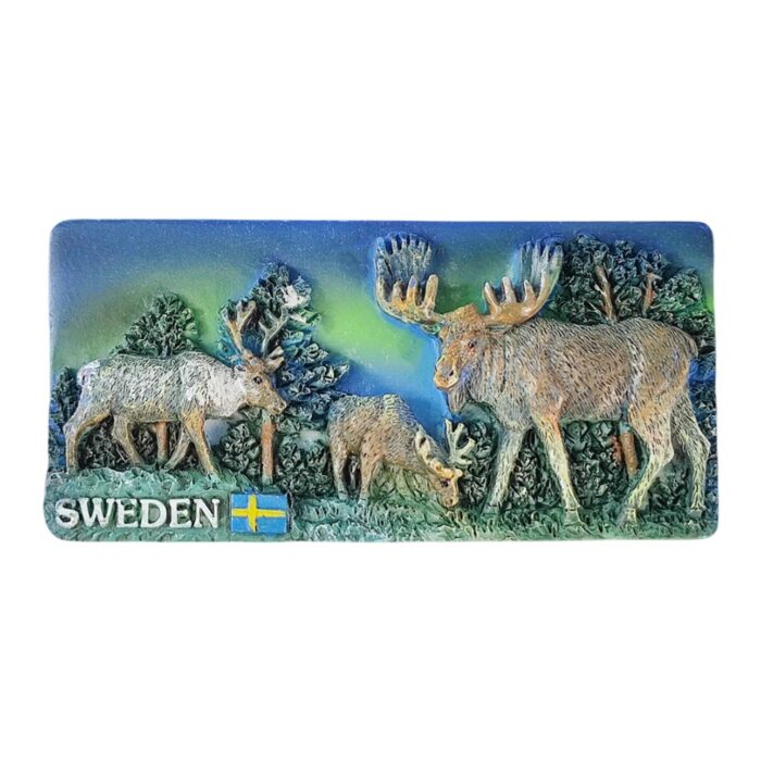 sweden fridge magnet – northern lights moose scene travel souvenir from nordic wilderness