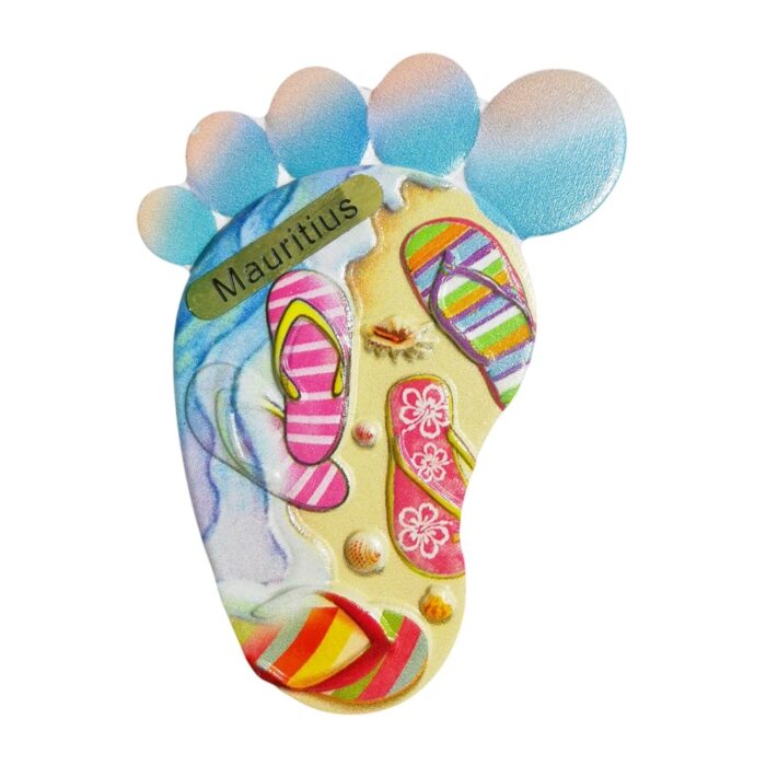mauritius footprint sandals fridge magnet – exotic island travel souvenir & playful whiteboard accent