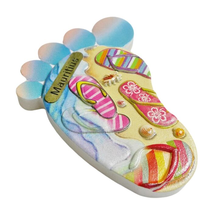 mauritius footprint sandals fridge magnet – exotic island travel souvenir & playful whiteboard accent