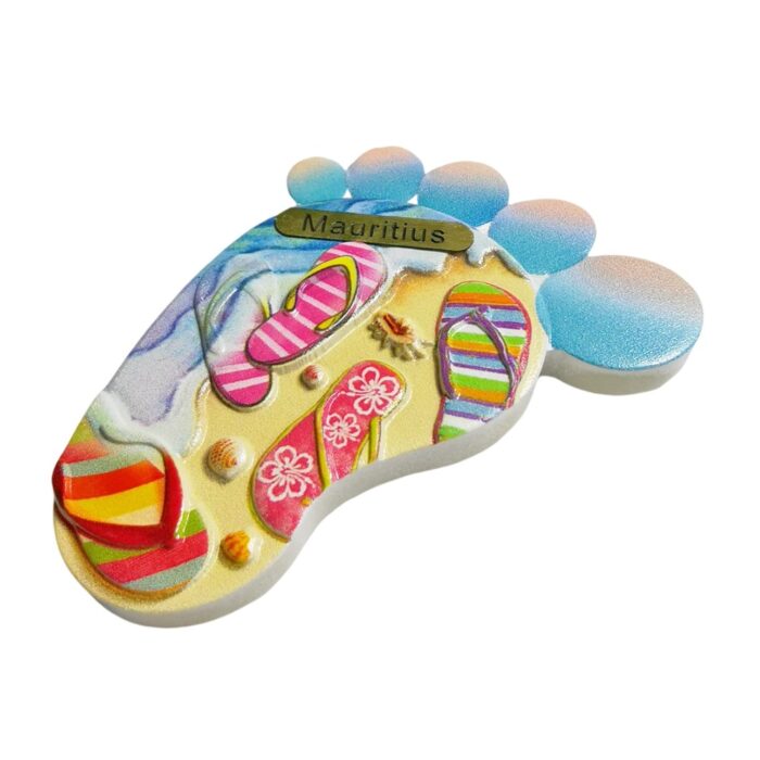 mauritius footprint sandals fridge magnet – exotic island travel souvenir & playful whiteboard accent