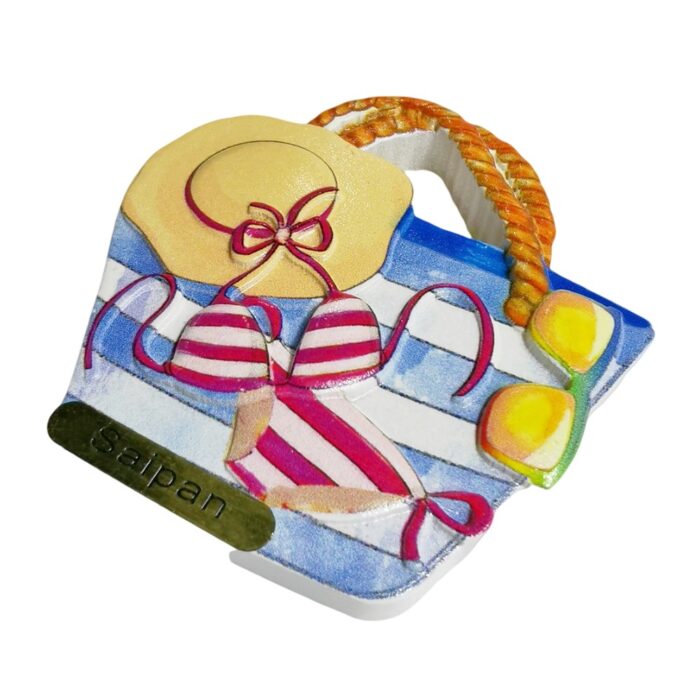 saipan beach vibes fridge magnet – bikini bag island travel souvenir & chill whiteboard ornament
