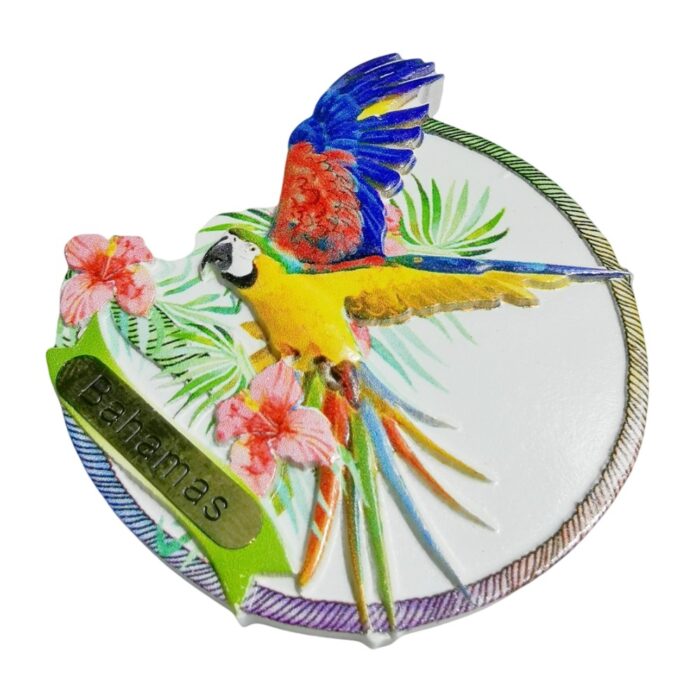 bahamas macaw circle fridge magnet – island souvenir gift & exotic bird whiteboard decoration