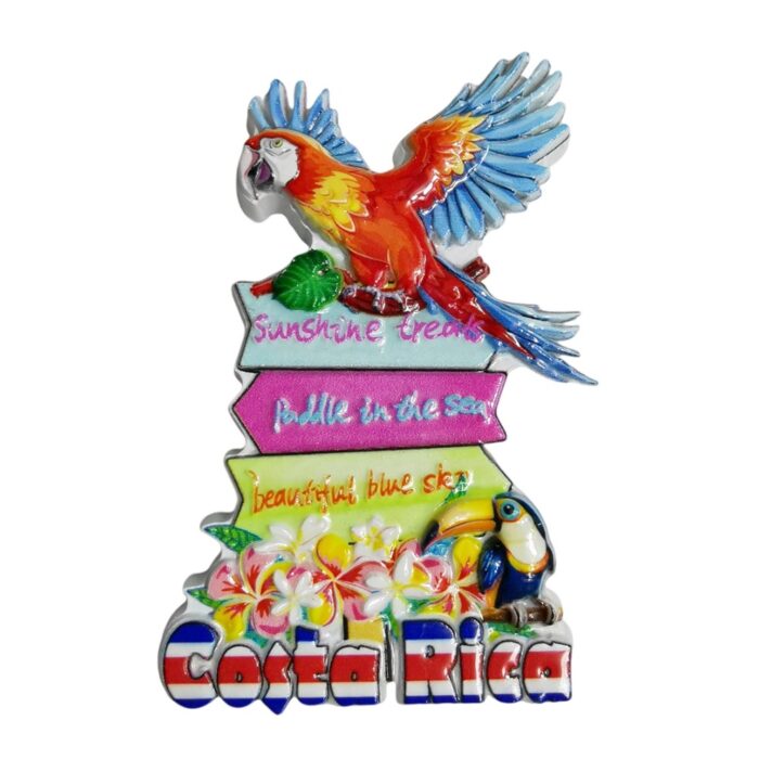 costa rica parrot sign fridge magnet – vibrant jungle travel souvenir gift & tropical whiteboard decor