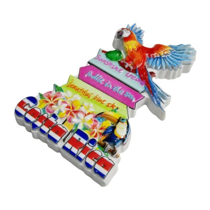 costa rica parrot sign fridge magnet – vibrant jungle travel souvenir gift & tropical whiteboard decor