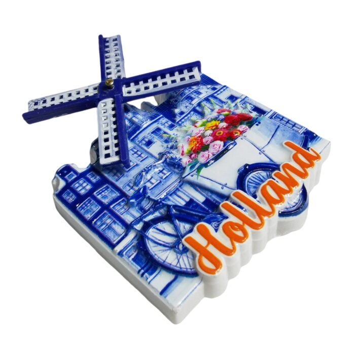 holland windmill fridge magnets – dutch bicycle flower cart design – european travel souvenir & kitchen decor