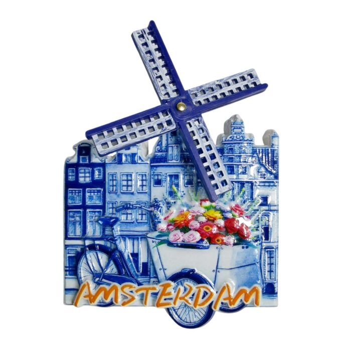 amsterdam fridge magnets – dutch windmill & flowers classic scene – holland travel keepsake & memo board decor