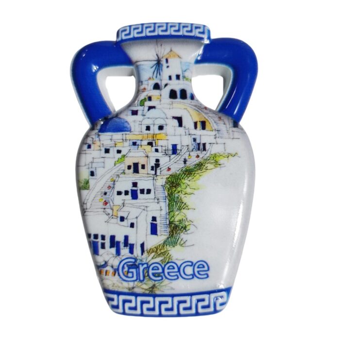greece fridge magnets – santorini village on ceramic vase design – aegean island souvenir gift for fridge display