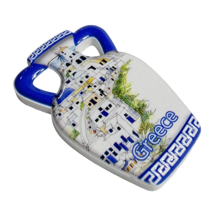 greece fridge magnets – santorini village on ceramic vase design – aegean island souvenir gift for fridge display