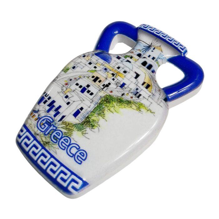 greece fridge magnets – santorini village on ceramic vase design – aegean island souvenir gift for fridge display