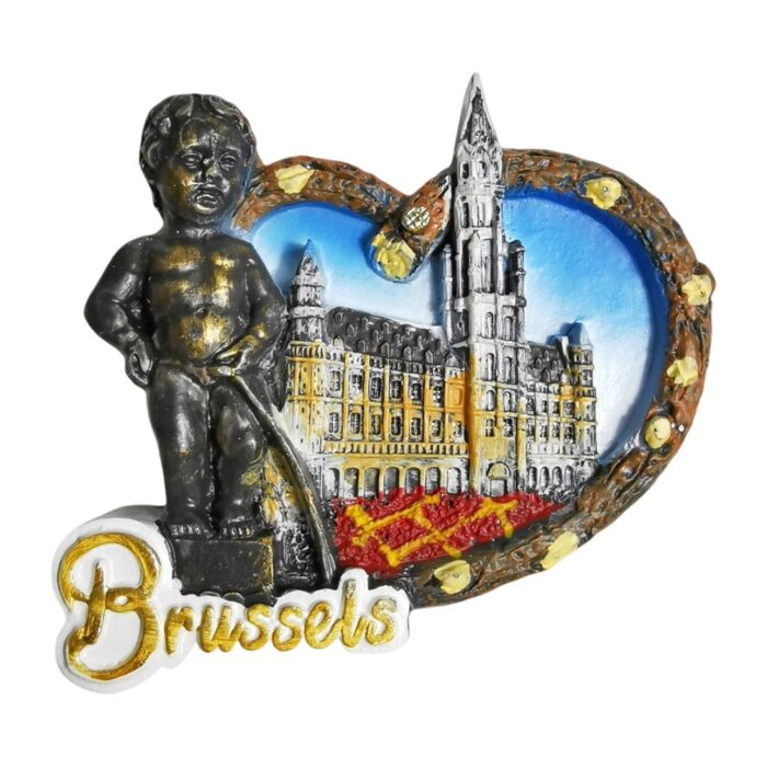 brussels belgium fridge magnet – manneken pis & town hall souvenir with european heart accent