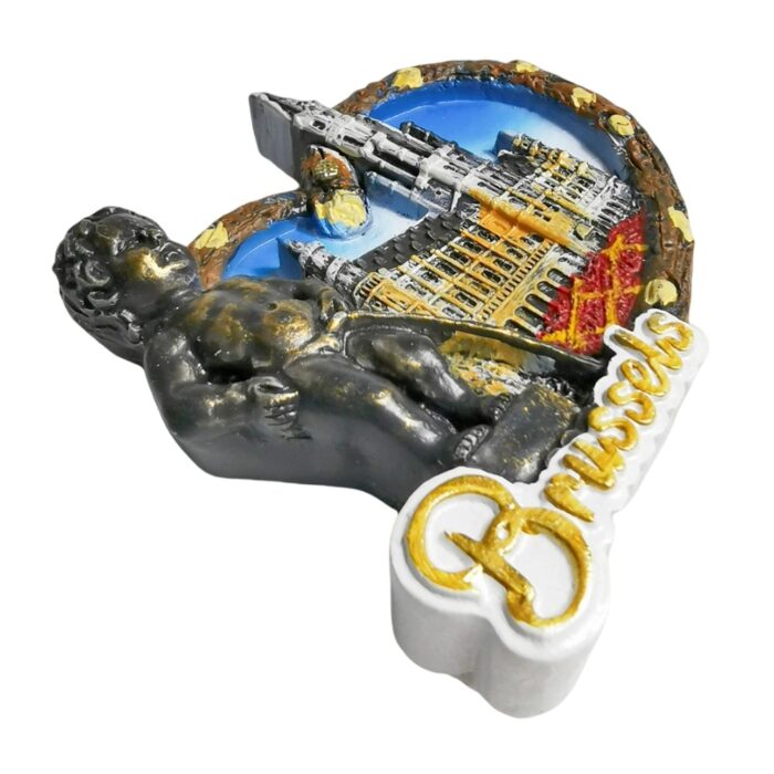 brussels belgium fridge magnet – manneken pis & town hall souvenir with european heart accent