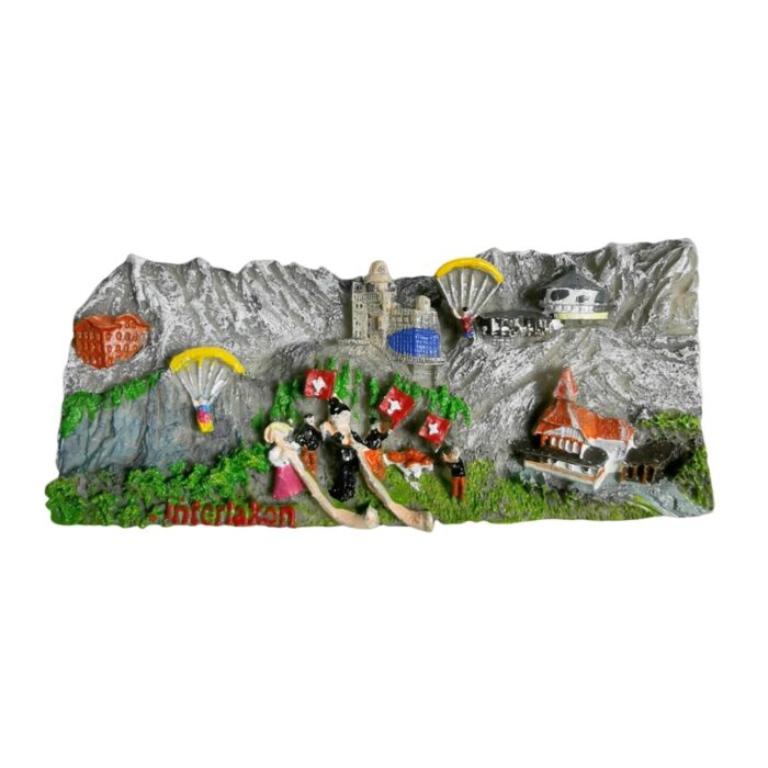 interlaken switzerland fridge magnet – alpine adventure travel souvenir with paragliders & folk scene
