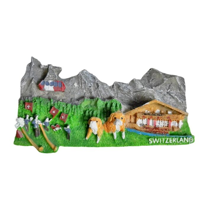 switzerland fridge magnet – mountain chalet & st. bernard dog travel keepsake & rustic decor