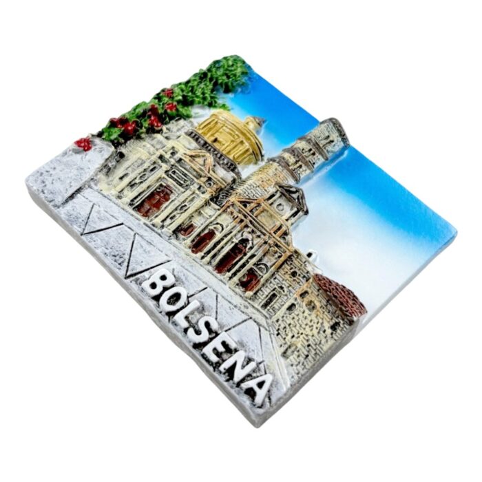 bolsena lake town fridge magnets medieval italian village souvenir, rustic stone building decor with red berry accents