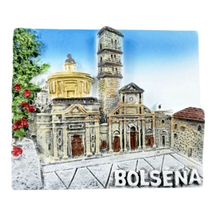 bolsena lake town fridge magnets medieval italian village souvenir, rustic stone building decor with red berry accents