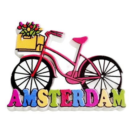amsterdam floral bicycle fridge magnet pink dutch bike with multicolor lettering, spring tulip festival decor | netherlands cyclist's gift