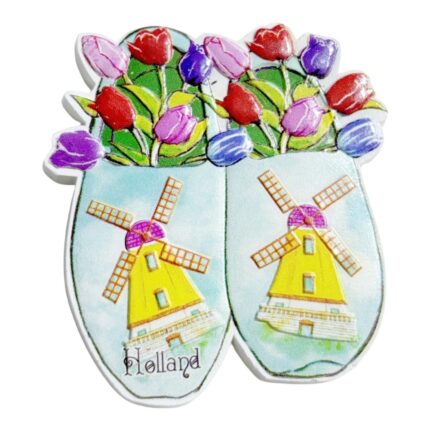 holland traditional fridge magnet blue wooden clogs with windmill & tulip bouquet, dutch countryside souvenir | charming european gift