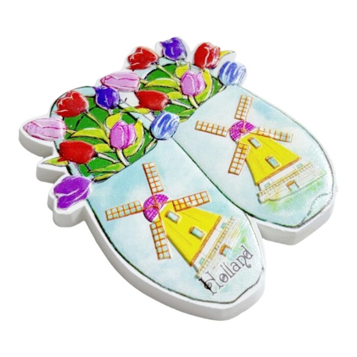 holland traditional fridge magnet blue wooden clogs with windmill & tulip bouquet, dutch countryside souvenir | charming european gift