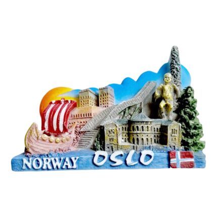 3d viking ship fridge magnets oslo norway souvenir with golden statue & bridge, scandinavian landscape decor "norway oslo" inscribed