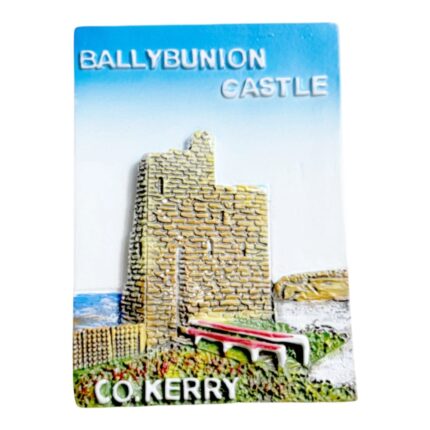 ballybunion castle fridge magnets co.kerry coastal ruin souvenir, stone fortress gift with ocean view & flower bench