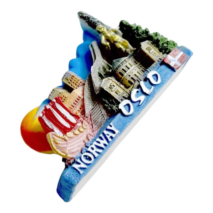 3d viking ship fridge magnets oslo norway souvenir with golden statue & bridge, scandinavian landscape decor "norway oslo" inscribed
