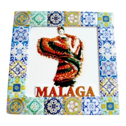 flamenco dancer fridge magnets malaga ceramic plate souvenir, handcrafted spanish tile art with geometric borders