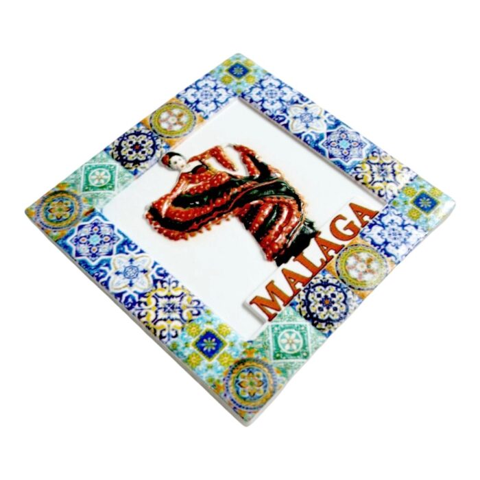 flamenco dancer fridge magnets malaga ceramic plate souvenir, handcrafted spanish tile art with geometric borders