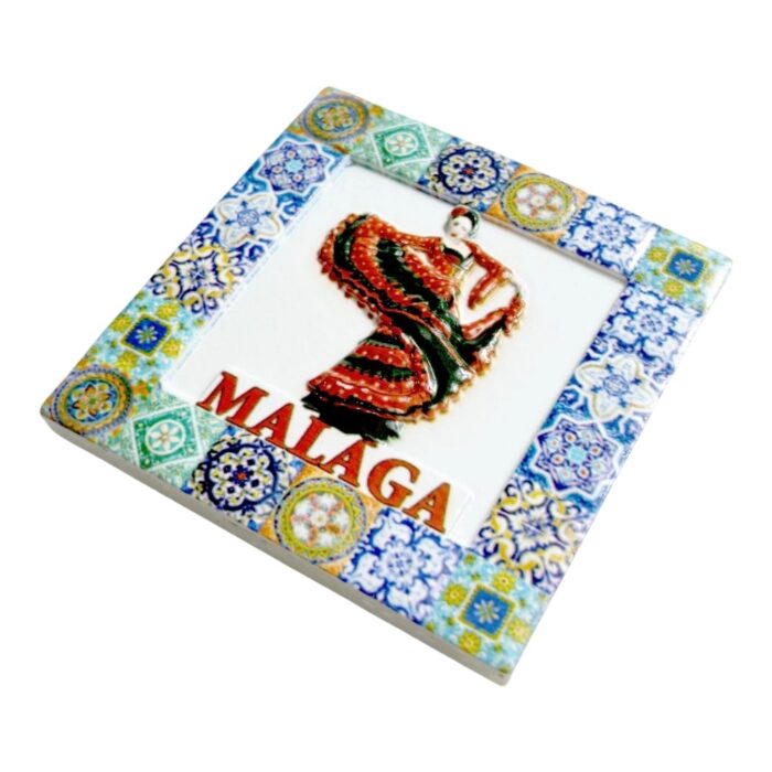 flamenco dancer fridge magnets malaga ceramic plate souvenir, handcrafted spanish tile art with geometric borders