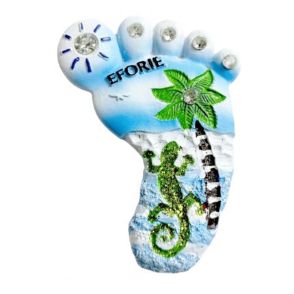eforie beach foot fridge magnets blue & white seashell souvenir, tropical sea decor with crystal diamonds & lizard accents