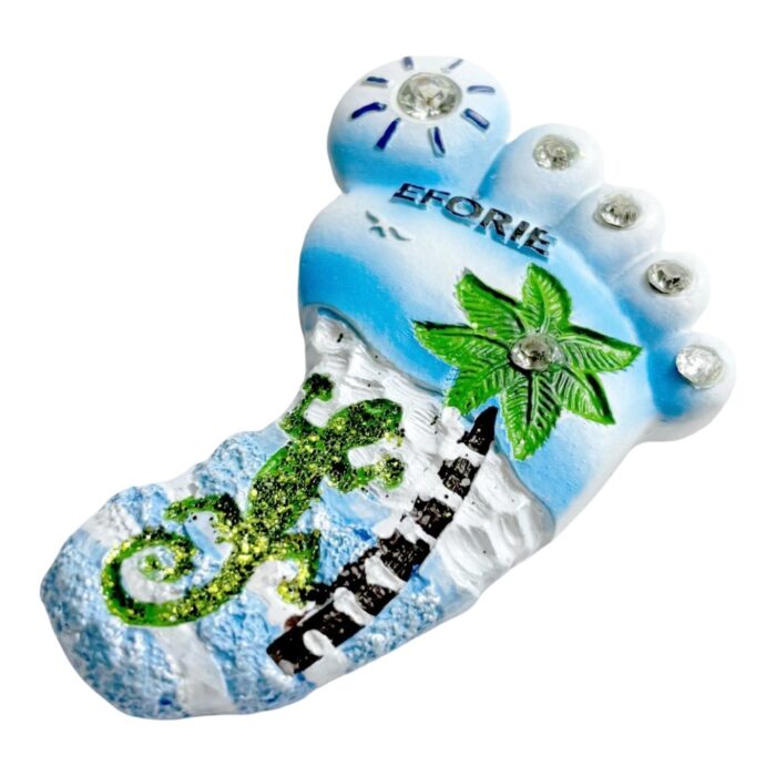 eforie beach foot fridge magnets blue & white seashell souvenir, tropical sea decor with crystal diamonds & lizard accents
