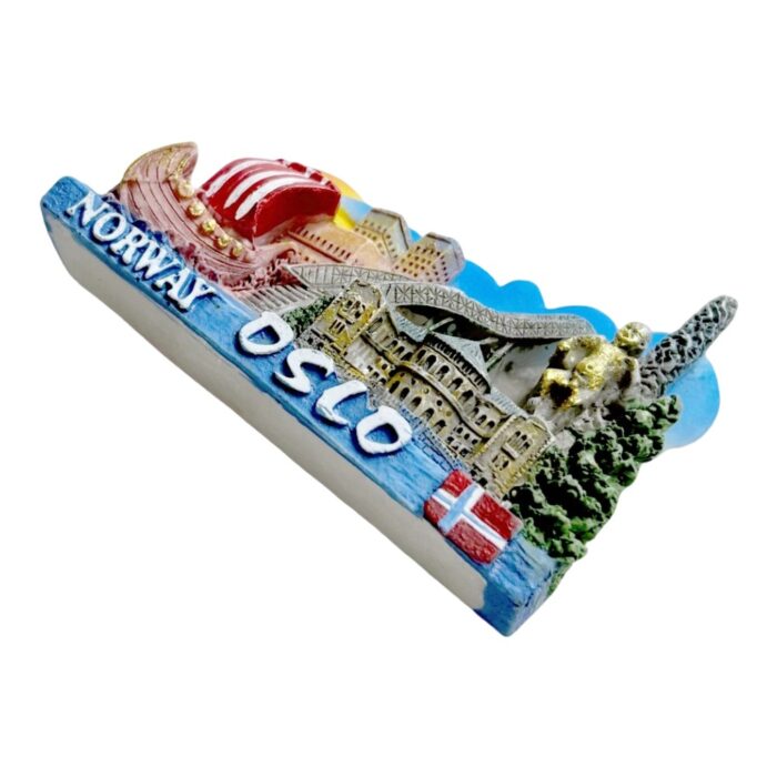 3d viking ship fridge magnets oslo norway souvenir with golden statue & bridge, scandinavian landscape decor "norway oslo" inscribed