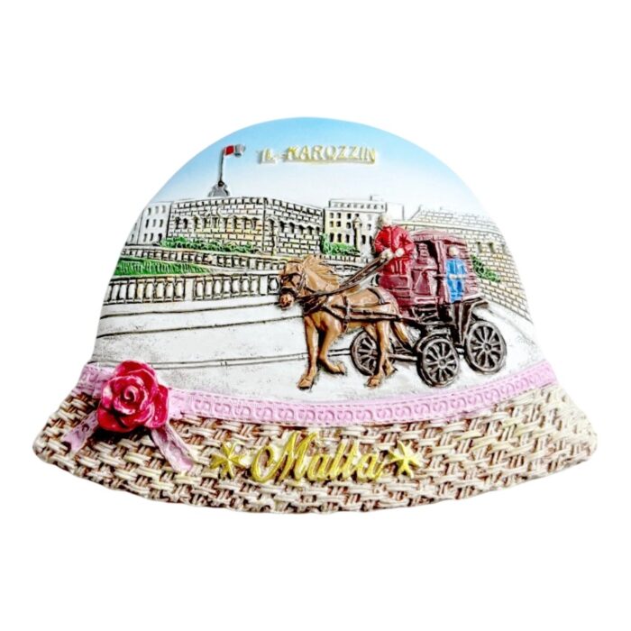 traditional karozzin hat fridge magnets malta horse carriage souvenir, handpainted "il karrozzin" folk art gift with rose detail