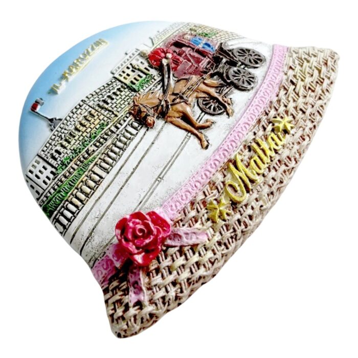 traditional karozzin hat fridge magnets malta horse carriage souvenir, handpainted "il karrozzin" folk art gift with rose detail