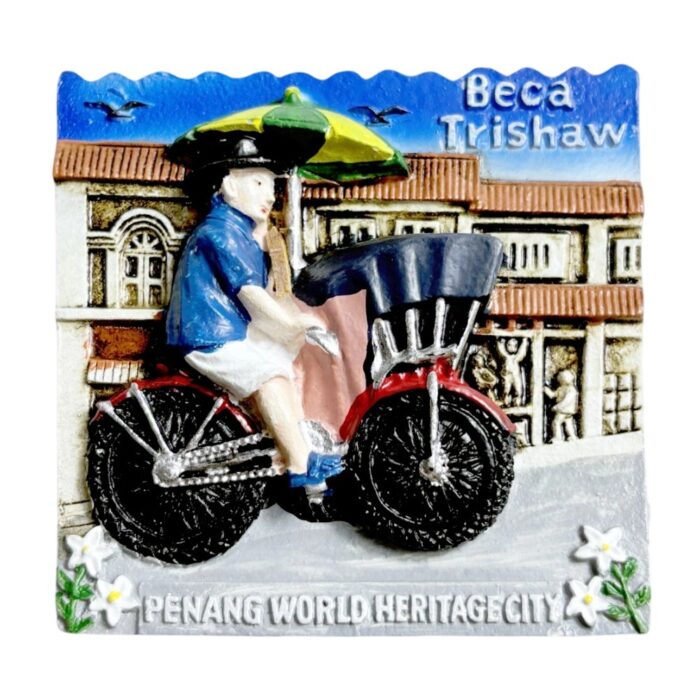 trishaw ride fridge magnets penang heritage souvenir, unesco site collector's item with "beca trishaw" motif