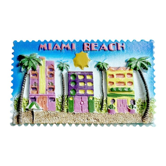 tropical beach fridge magnets miami art deco souvenir, vibrant pink palm tree decor with 3d "miami beach" sunburst design