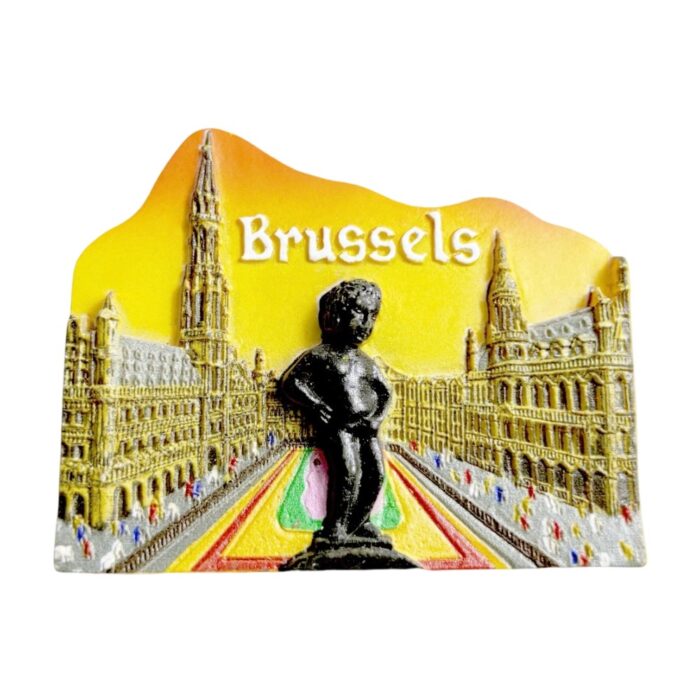 manneken pis fridge magnets brussels cityscape souvenir, grand place architecture decor with "brussels" gradient lettering