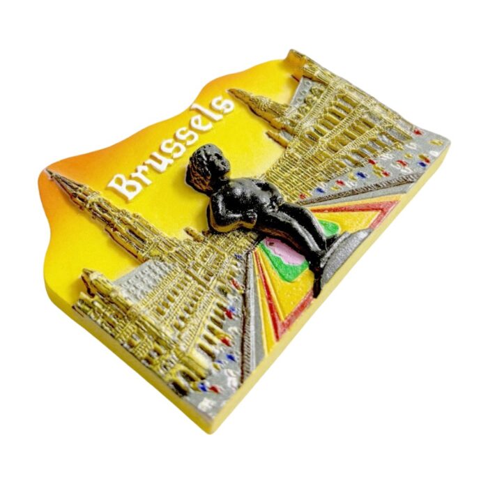 manneken pis fridge magnets brussels cityscape souvenir, grand place architecture decor with "brussels" gradient lettering