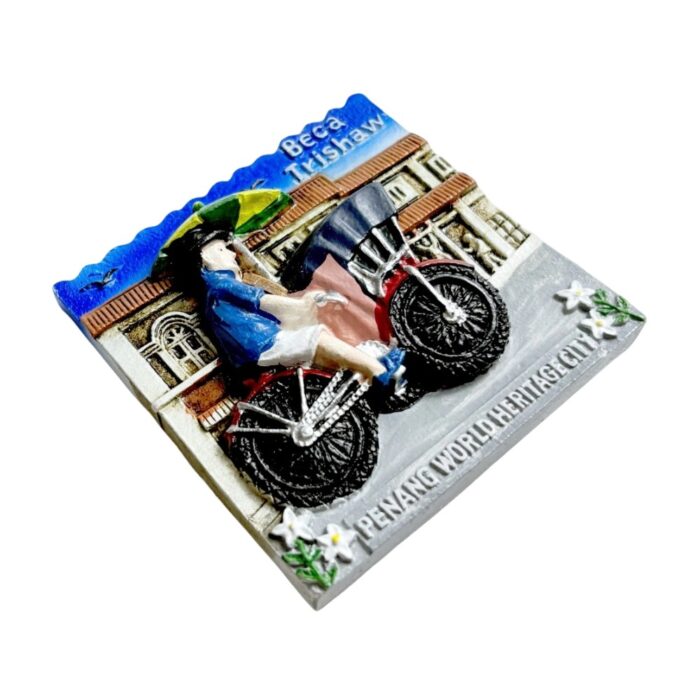 trishaw ride fridge magnets penang heritage souvenir, unesco site collector's item with "beca trishaw" motif