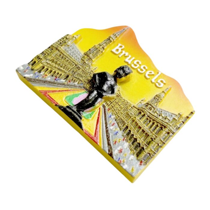 manneken pis fridge magnets brussels cityscape souvenir, grand place architecture decor with "brussels" gradient lettering