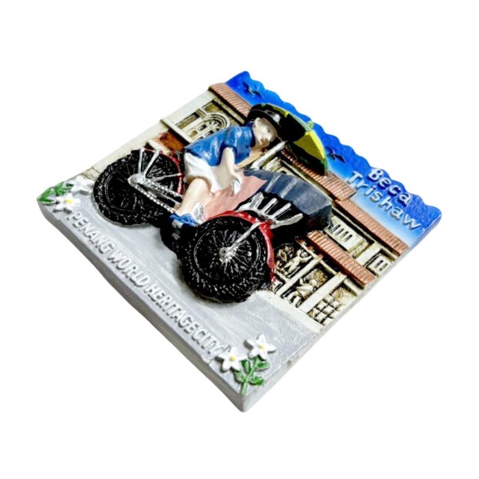 trishaw ride fridge magnets penang heritage souvenir, unesco site collector's item with "beca trishaw" motif