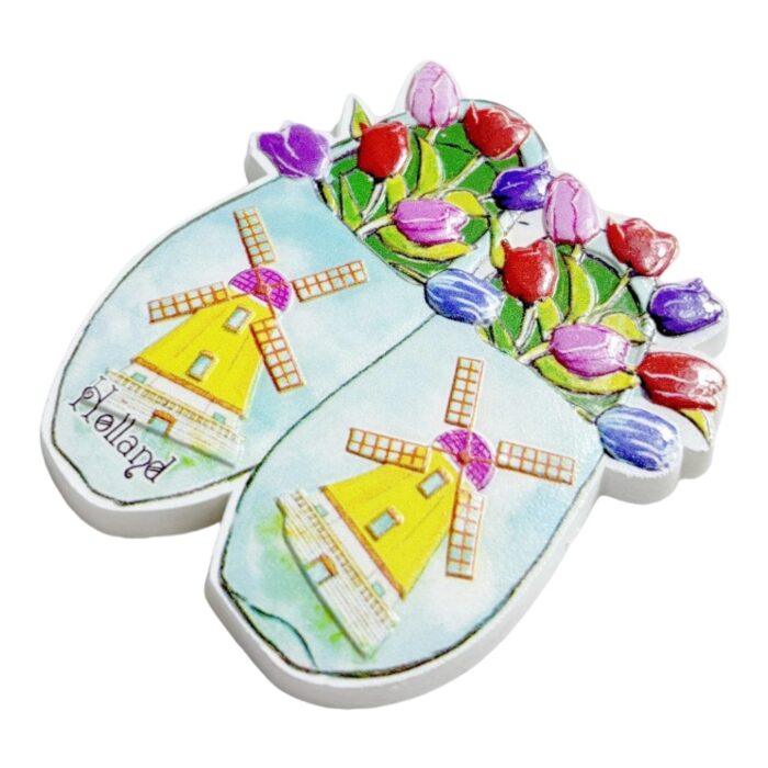 holland traditional fridge magnet blue wooden clogs with windmill & tulip bouquet, dutch countryside souvenir | charming european gift