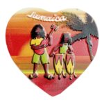 jamaican reggae heart fridge magnet tropical musicians with palm tree sunset, caribbean culture gift | vibrant island vacation souvenir