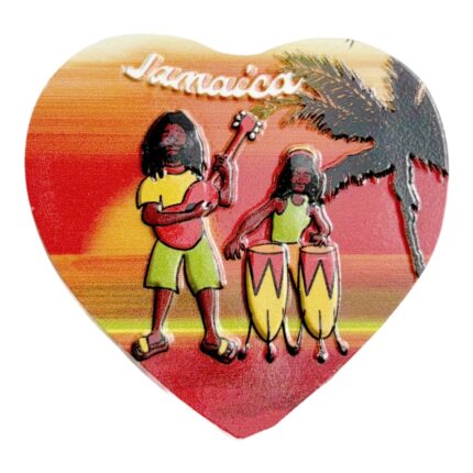 jamaican reggae heart fridge magnet tropical musicians with palm tree sunset, caribbean culture gift | vibrant island vacation souvenir