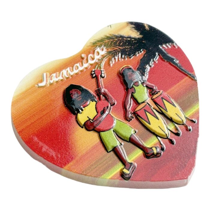 jamaican reggae heart fridge magnet tropical musicians with palm tree sunset, caribbean culture gift | vibrant island vacation souvenir