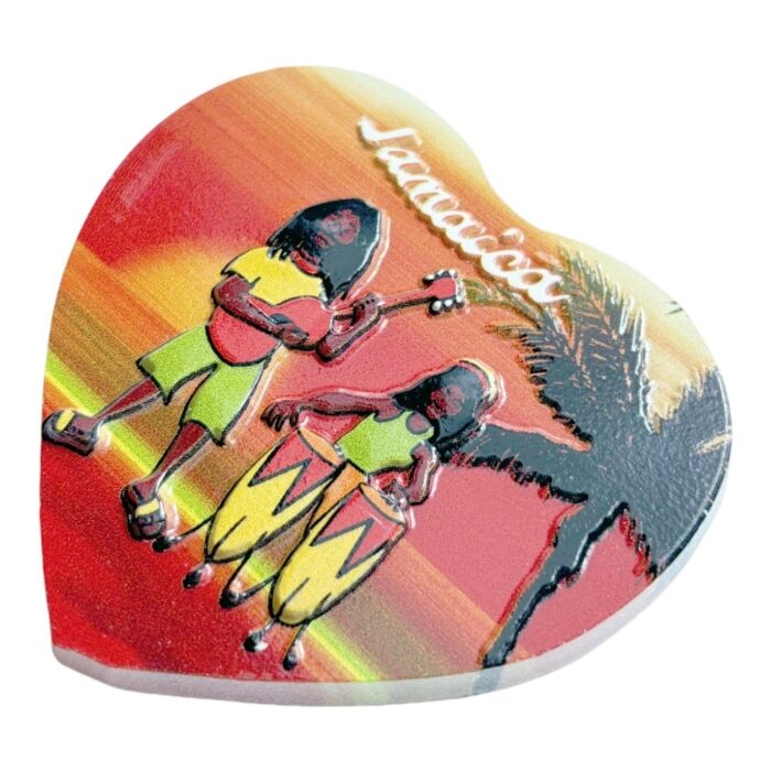 jamaican reggae heart fridge magnet tropical musicians with palm tree sunset, caribbean culture gift | vibrant island vacation souvenir
