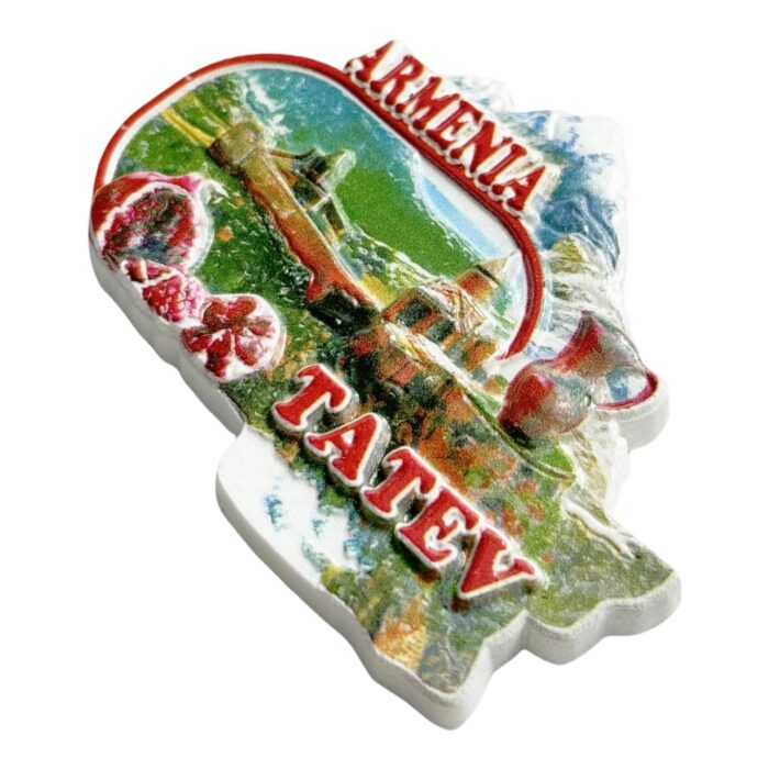 armenia map fridge magnet tatev monastery & pomegranate cultural symbols | snowy mountain landscape souvenir | caucasus travel gift