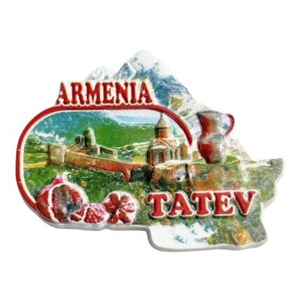 armenia map fridge magnet tatev monastery & pomegranate cultural symbols | snowy mountain landscape souvenir | caucasus travel gift