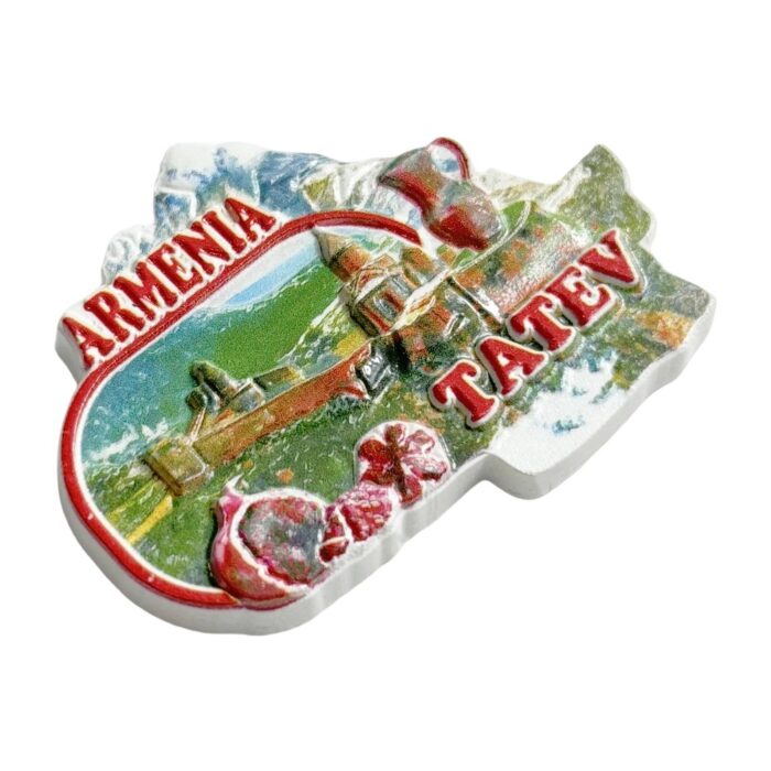 armenia map fridge magnet tatev monastery & pomegranate cultural symbols | snowy mountain landscape souvenir | caucasus travel gift